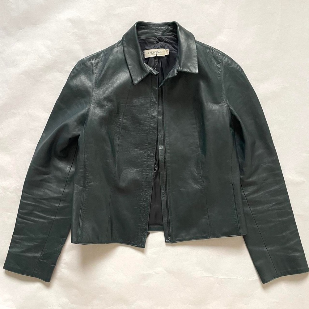 Calvin Klein Collection Leather Jacket Collared Zip Green